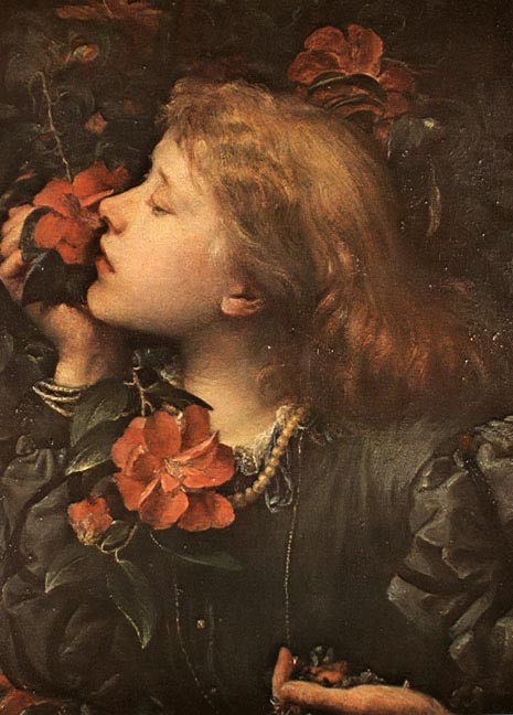 A young creator with red hair gently smells a camellia flower while considering their first content platform.